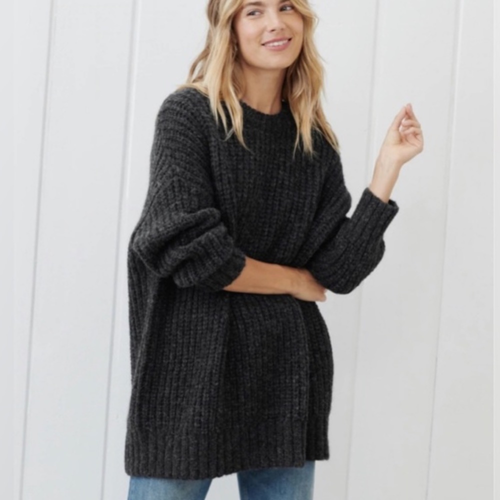 Jenni Kayne Alpaca Ribbed Cocoon Crewneck Sweater, Charcoal, Oversized XS
